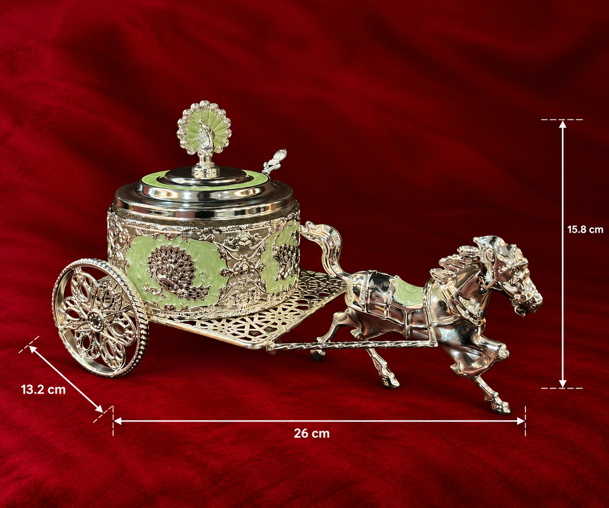 Royal Peacock pankh Horse Cart Serving Bowl green enamel
