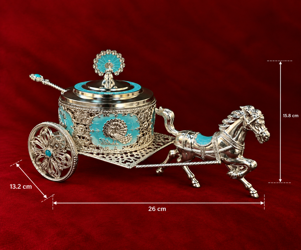 Royal Peacock pankh Horse Cart Serving Bowl blue enamel
