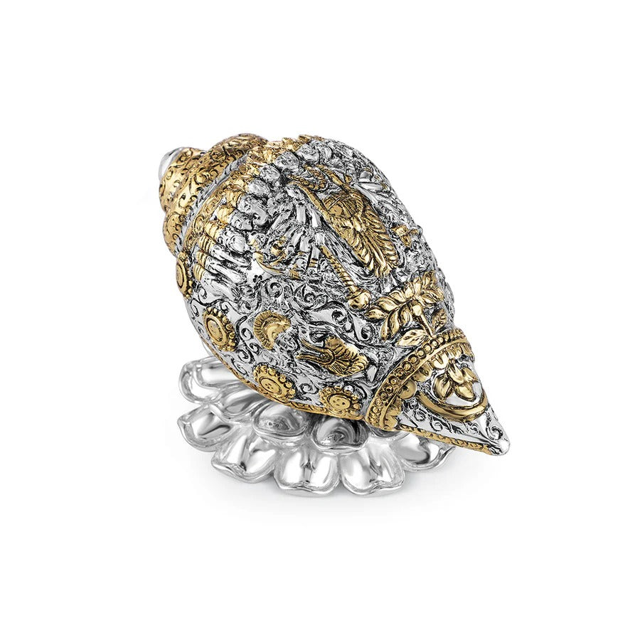 Vishnu Shankh on Lotus Base (Medium, 6.3 inch) – Silver & Gold Plated
