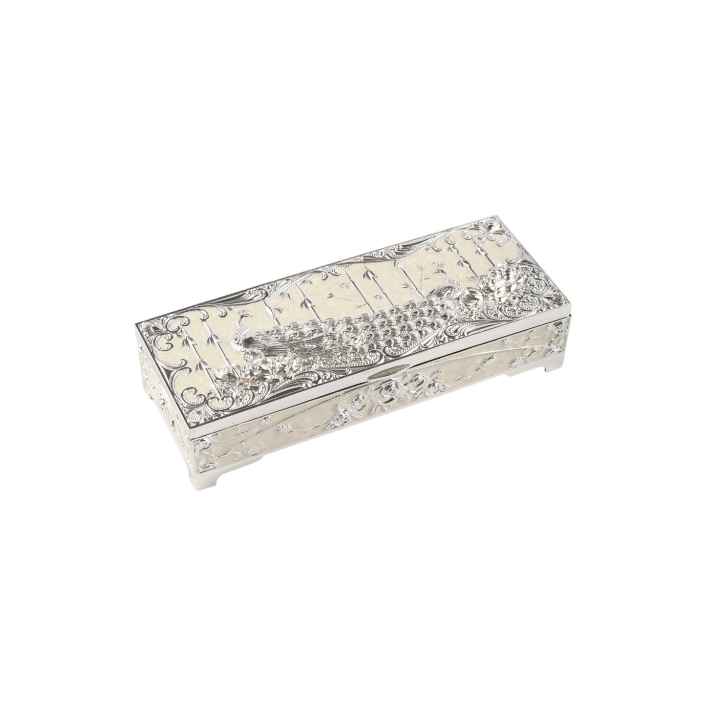 Rectangular Jewelry Box with Peacock Design - White