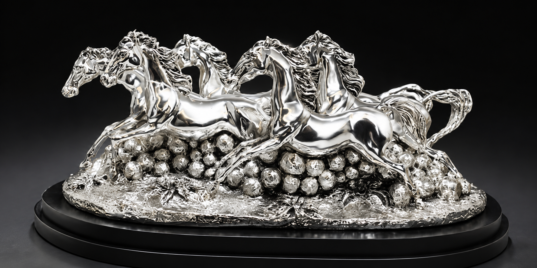 Silver sculpture of four horses on a dark background