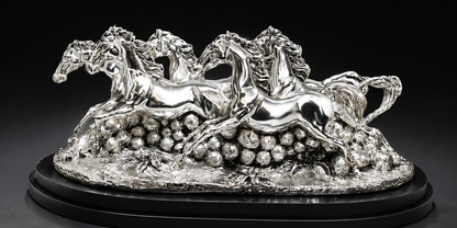Silver sculpture of four horses on a dark background
