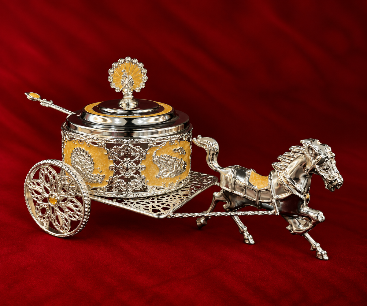 Royal Peacock pankh Horse Cart Serving Bowl peach enamel