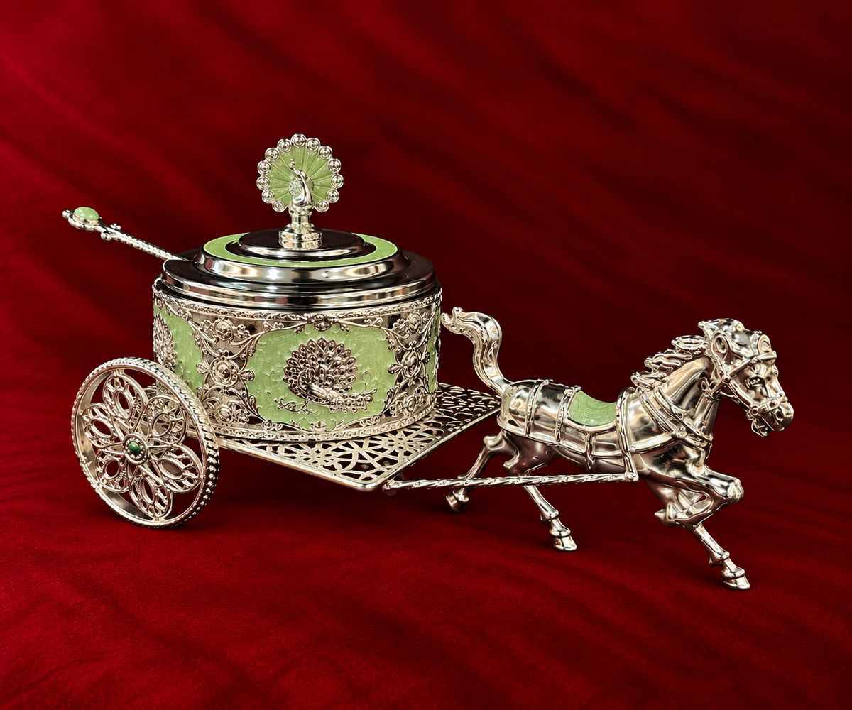 Royal Peacock pankh Horse Cart Serving Bowl green enamel
