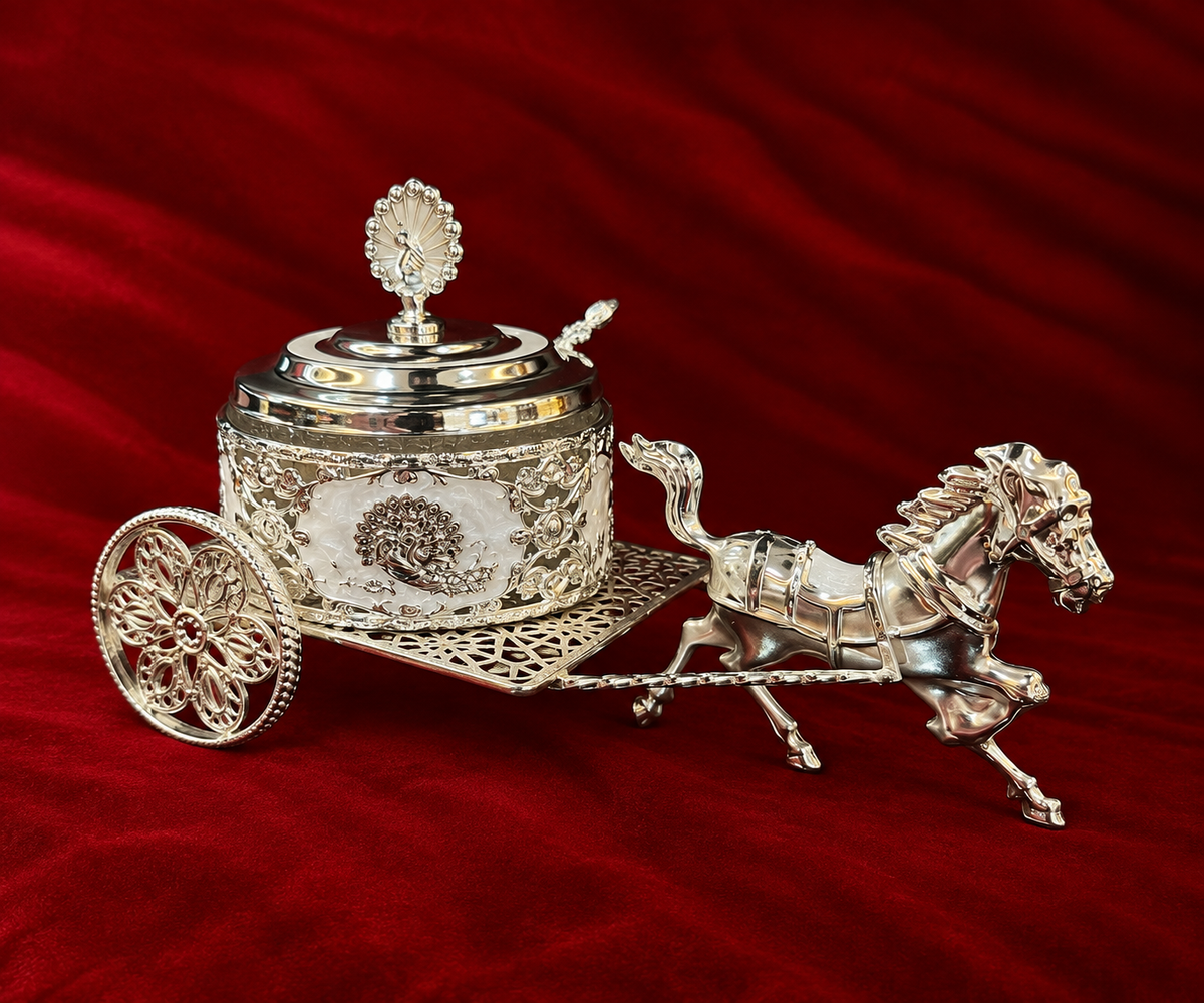 Royal Peacock pankh Horse Cart Serving Bowl white enamel