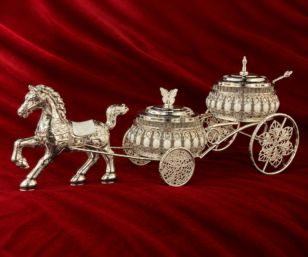 Royal Double Bowl Horse Cart Serving Set white enamel