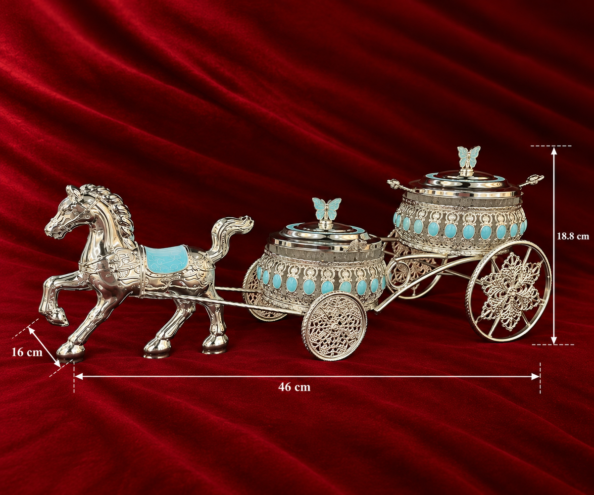Royal Double Bowl Horse Cart Serving Set blue enamel