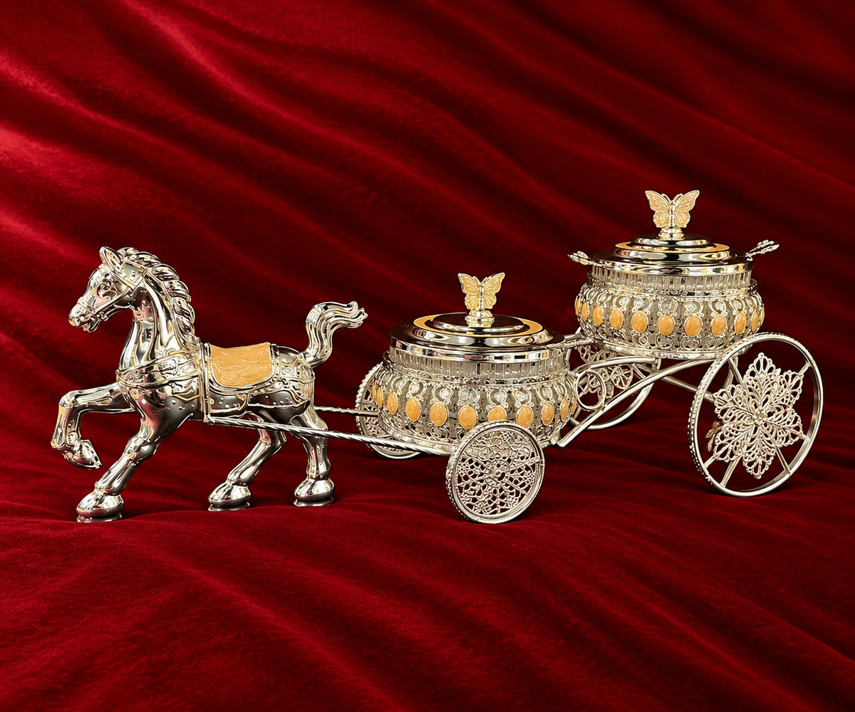 Royal Double Bowl Horse Cart Serving Set peach enamel