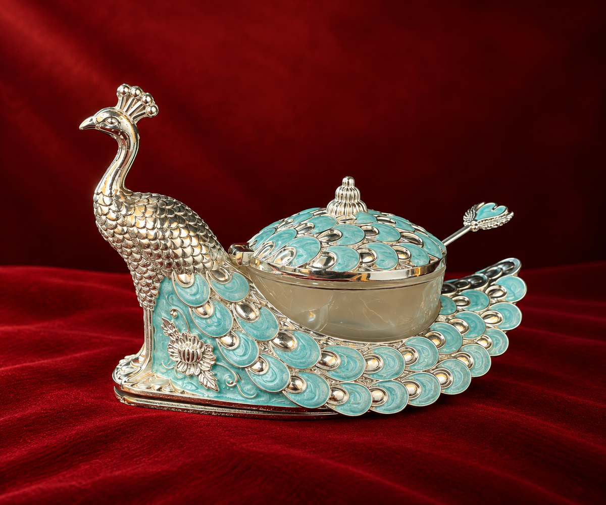 peacock mukhwas pot blue enamel