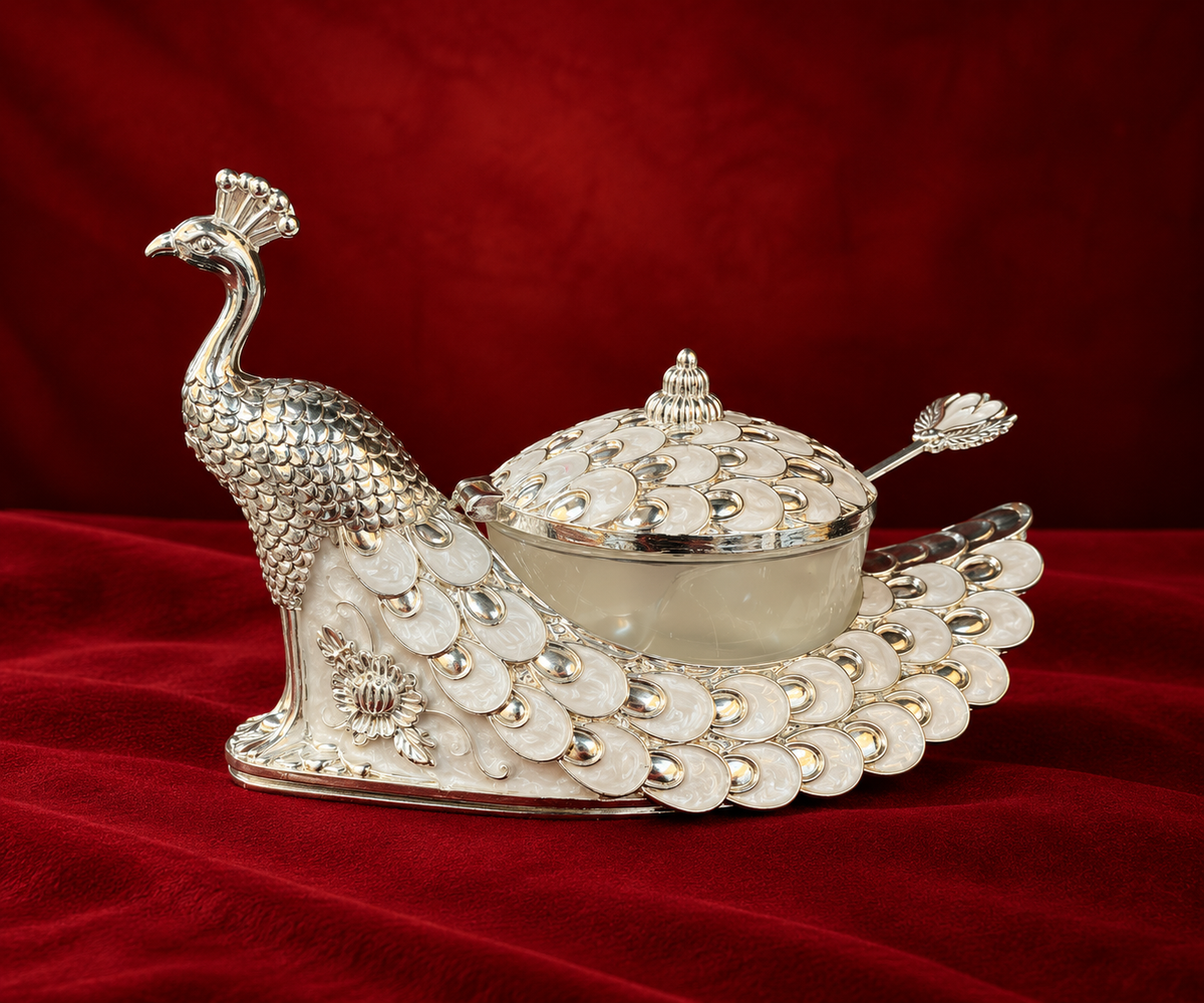 peacock mukhwas pot white enamel
