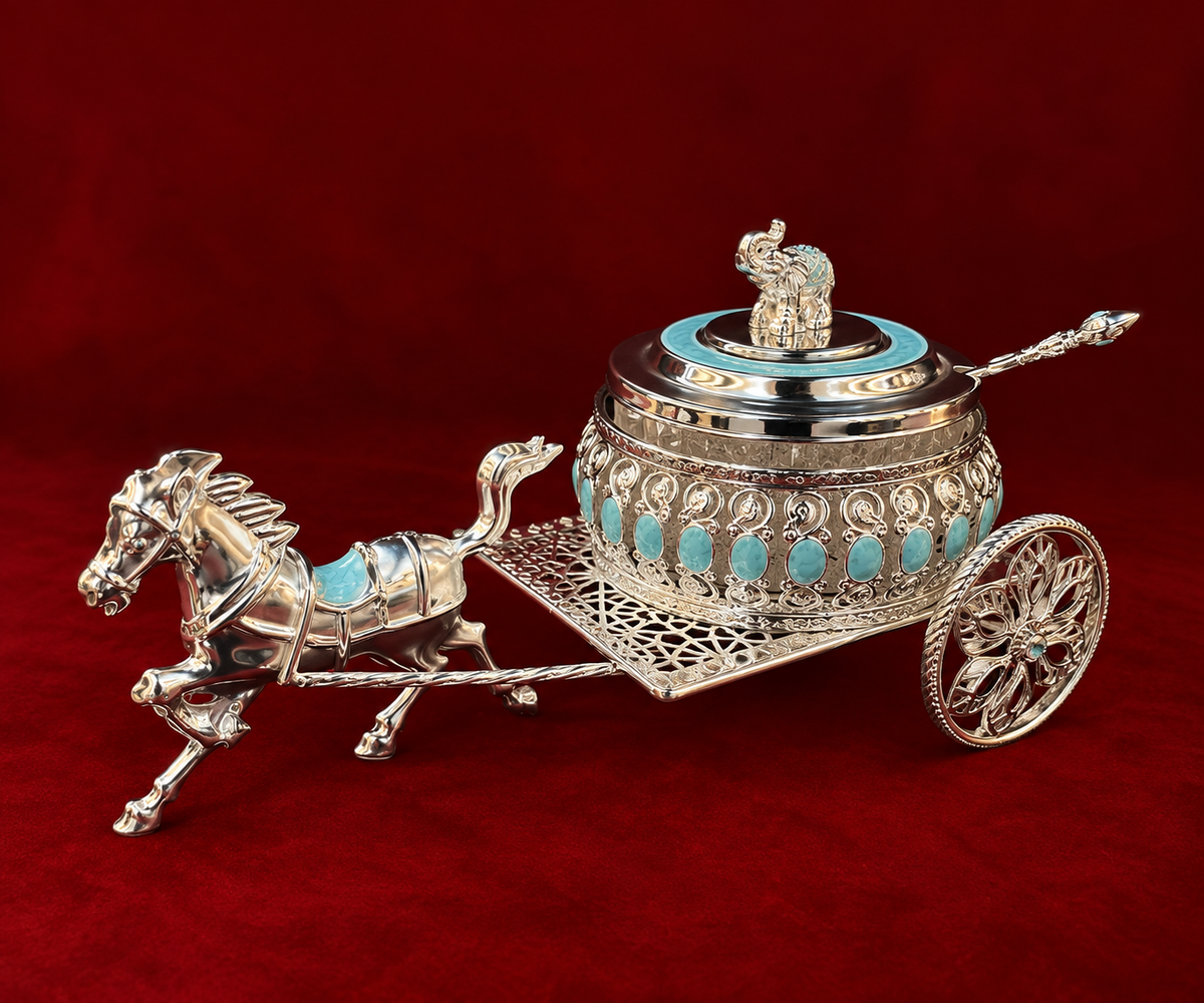 Silver-Plated Royal Horse Cart Serving Bowl blue enamel