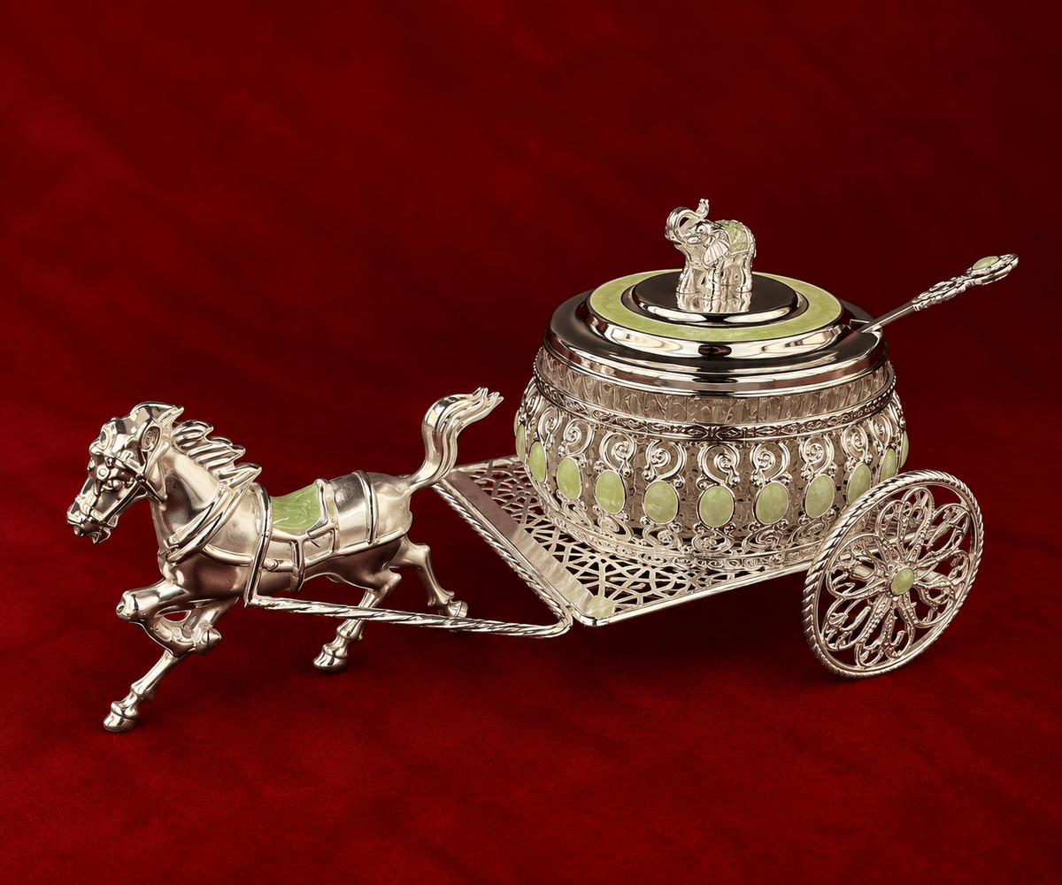 Silver-Plated Royal Horse Cart Serving Bowl green enamel