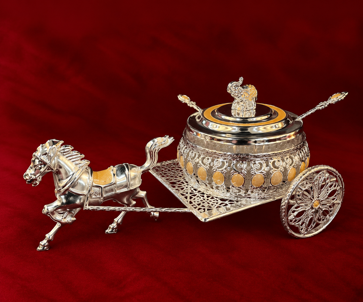 Silver-Plated Royal Horse Cart Serving Bowl peach enamel