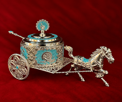 Royal Peacock pankh Horse Cart Serving Bowl blue enamel