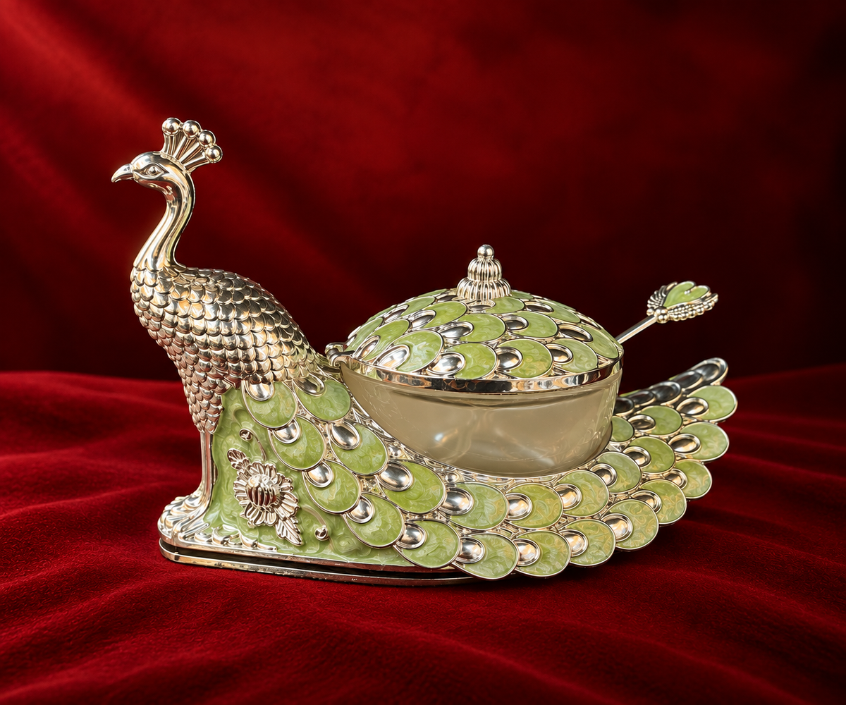 Peacock mukhwas pot green enamel