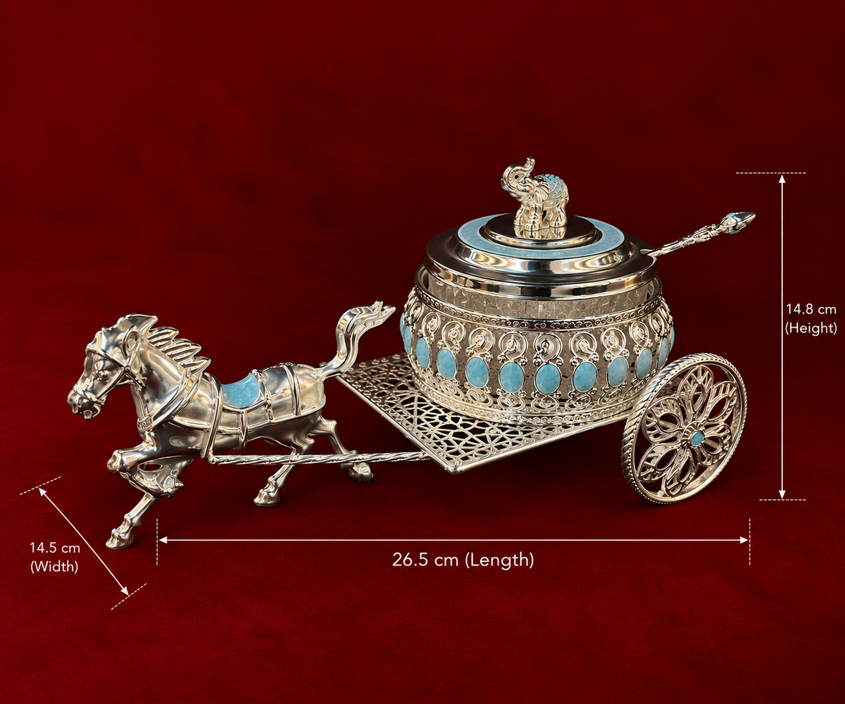 Silver-Plated Royal Horse Cart Serving Bowl blue enamel