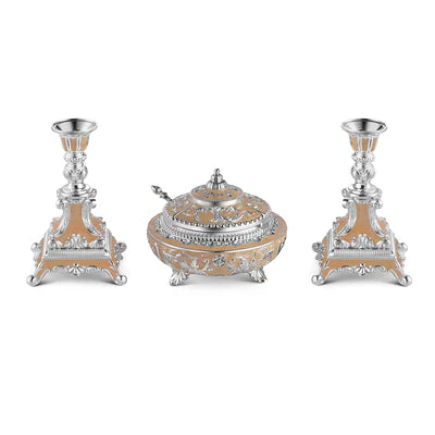 Single sugar pot and two candle stands