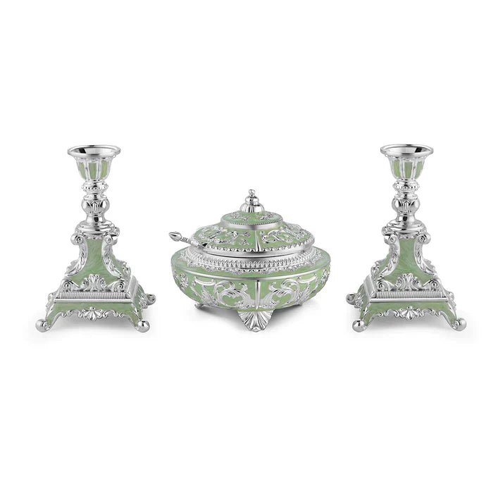 Single sugar pot and two candle stands