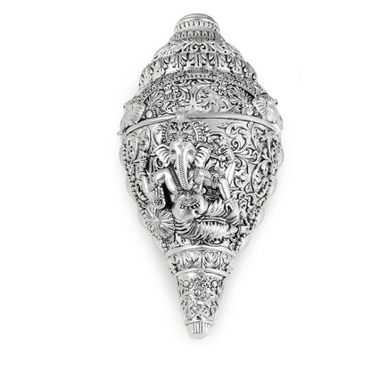 Elegant Ganesha Shankh (Large, 8 inch)– Pure Silver Finish