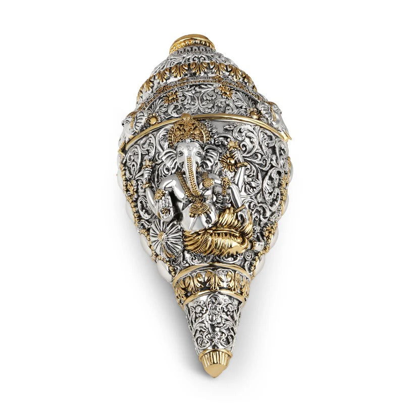 Divine Ganesha Shankh (Large, 8 inch) - Silver & Gold Plated