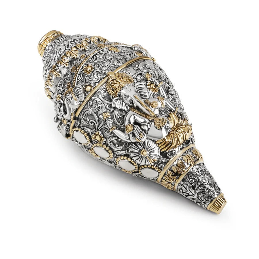 Divine Ganesha Shankh (Large, 8 inch) - Silver & Gold Plated
